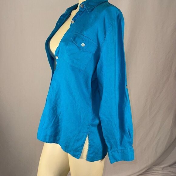 Vintage 90’s Studio Works Blue Linen Button Down Shirt Size Medium - Picture 9 of 12